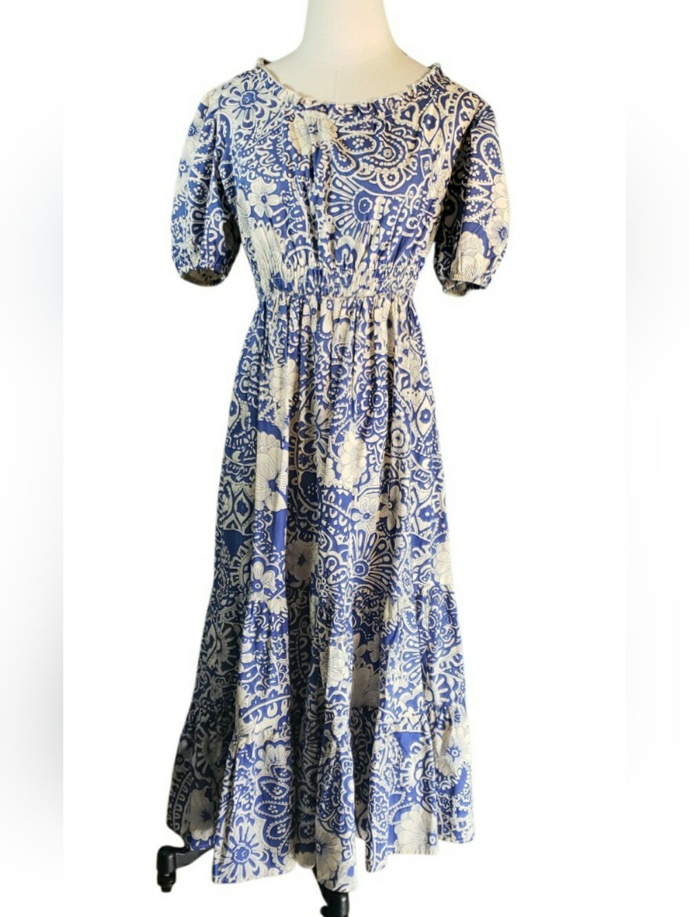 Umgee Blue and Cream Floral Tiered Puff Sleeves Midi Dress S Cottage Milkmaid